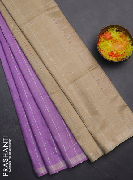 Semi bamboo saree lavender and sandal with checked pattern and zari woven border