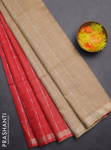 Semi bamboo saree red and sandal with checked pattern and zari woven border
