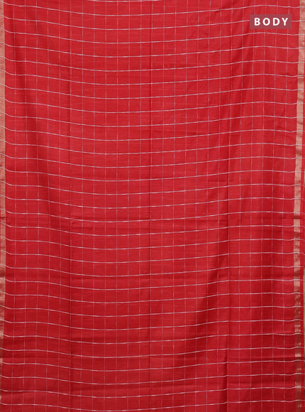 Semi bamboo saree red and sandal with checked pattern and zari woven border