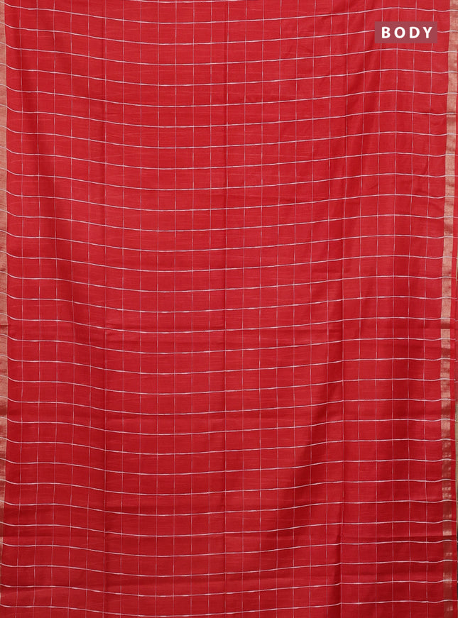 Semi bamboo saree red and sandal with checked pattern and zari woven border