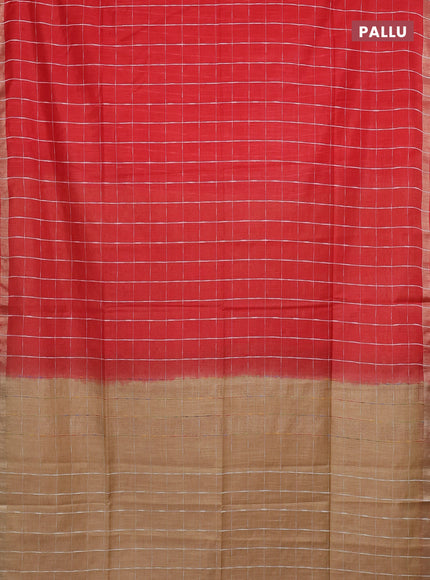 Semi bamboo saree red and sandal with checked pattern and zari woven border