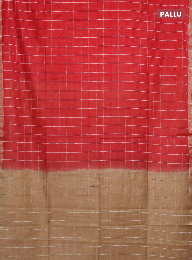 Semi bamboo saree red and sandal with checked pattern and zari woven border