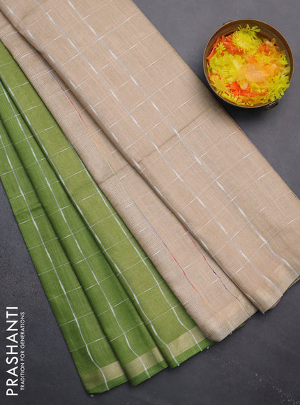 Semi bamboo saree light green and sandal with checked pattern and zari woven border