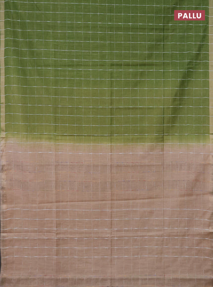Semi bamboo saree light green and sandal with checked pattern and zari woven border