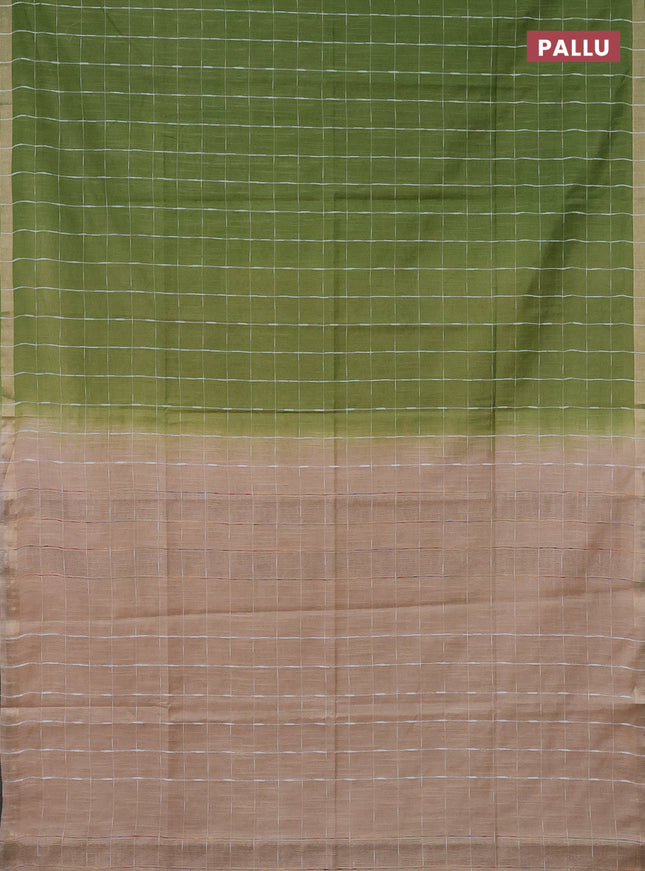 Semi bamboo saree light green and sandal with checked pattern and zari woven border