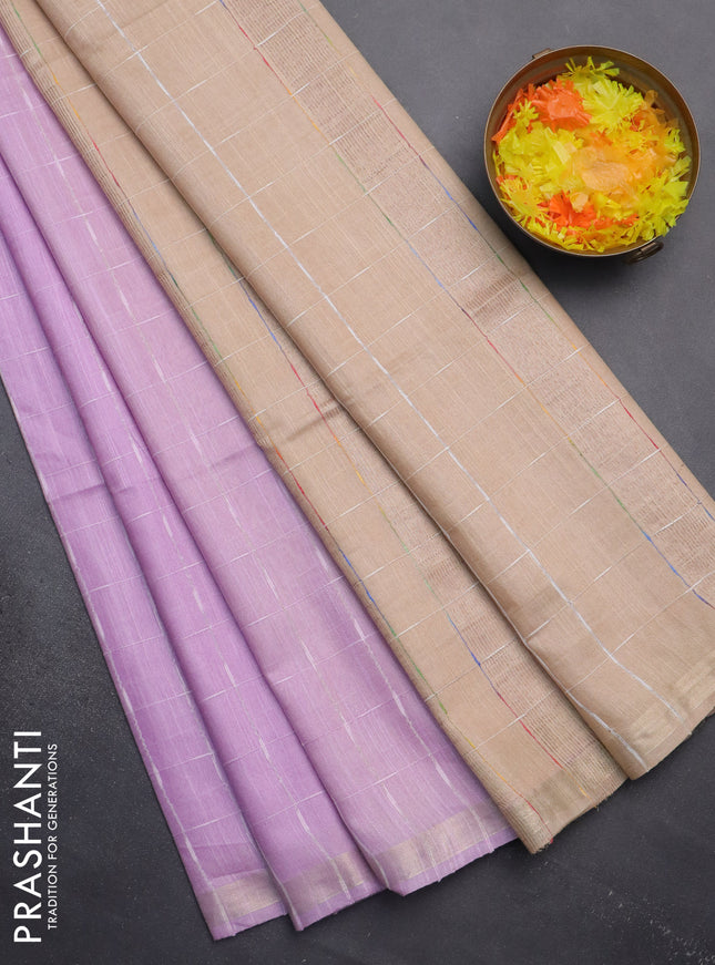 Semi bamboo saree lavender and sandal with checked pattern and zari woven border