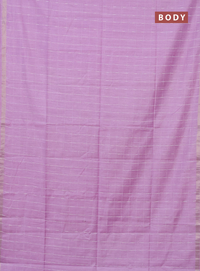 Semi bamboo saree lavender and sandal with checked pattern and zari woven border