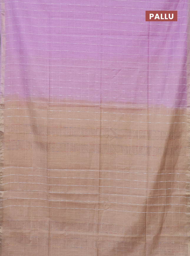 Semi bamboo saree lavender and sandal with checked pattern and zari woven border