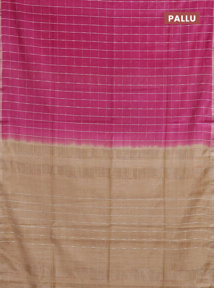 Semi bamboo saree magenta pink and sandal with checked pattern and zari woven border