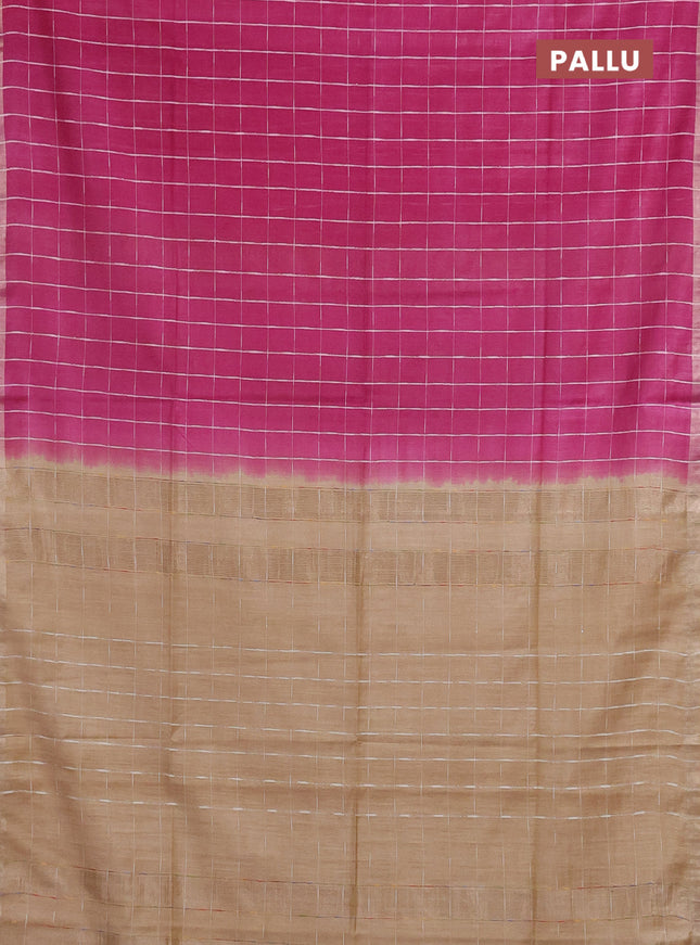 Semi bamboo saree magenta pink and sandal with checked pattern and zari woven border