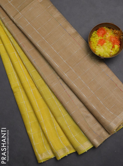 Semi bamboo saree yellow and sandal with checked pattern and zari woven border