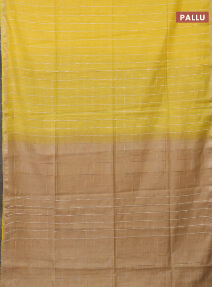 Semi bamboo saree yellow and sandal with checked pattern and zari woven border