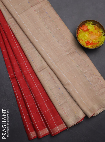 Semi bamboo saree red and sandal with checked pattern and zari woven border
