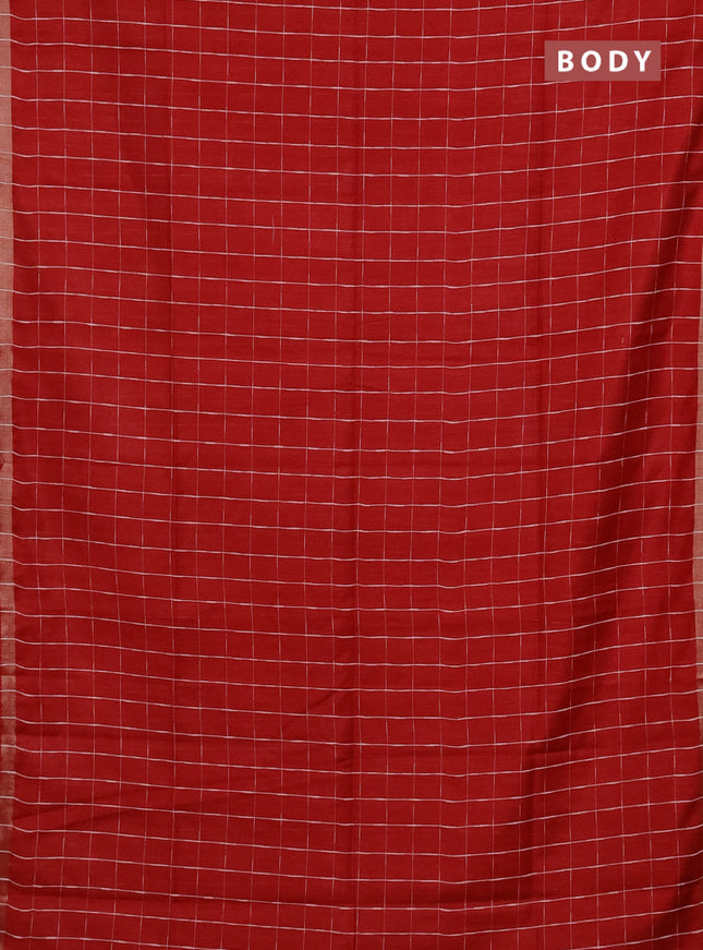 Semi bamboo saree red and sandal with checked pattern and zari woven border