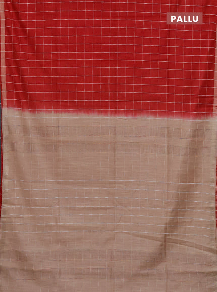 Semi bamboo saree red and sandal with checked pattern and zari woven border