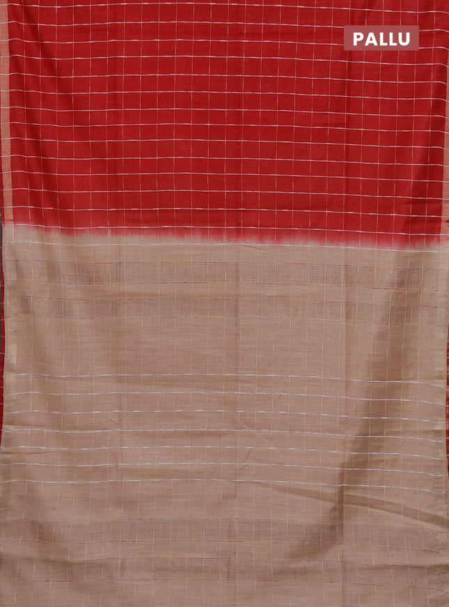 Semi bamboo saree red and sandal with checked pattern and zari woven border