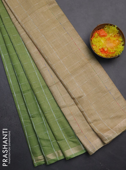 Semi bamboo saree light green and sandal with checked pattern and zari woven border