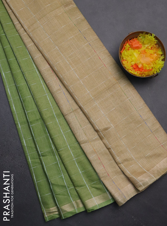 Semi bamboo saree light green and sandal with checked pattern and zari woven border
