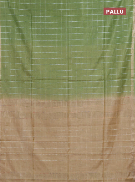 Semi bamboo saree light green and sandal with checked pattern and zari woven border