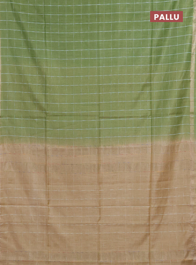 Semi bamboo saree light green and sandal with checked pattern and zari woven border
