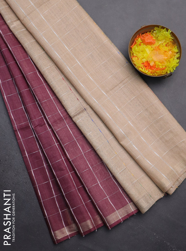 Semi bamboo saree wine shade and sandal with checked pattern and zari woven border