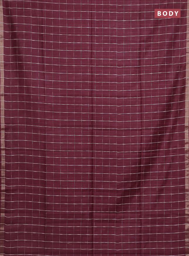 Semi bamboo saree wine shade and sandal with checked pattern and zari woven border