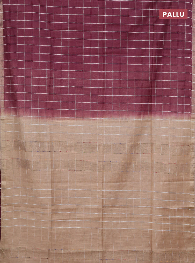 Semi bamboo saree wine shade and sandal with checked pattern and zari woven border