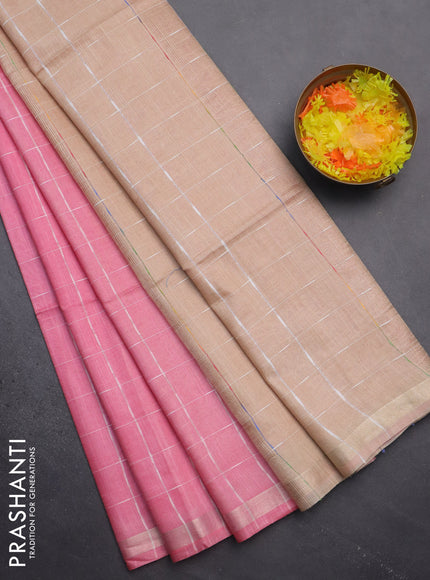 Semi bamboo saree candy pink and sandal with checked pattern and zari woven border