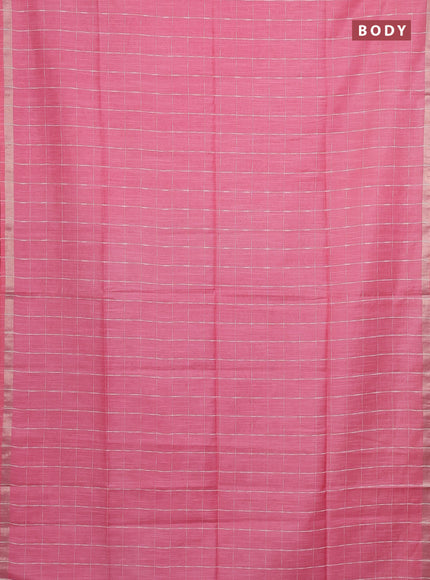 Semi bamboo saree candy pink and sandal with checked pattern and zari woven border