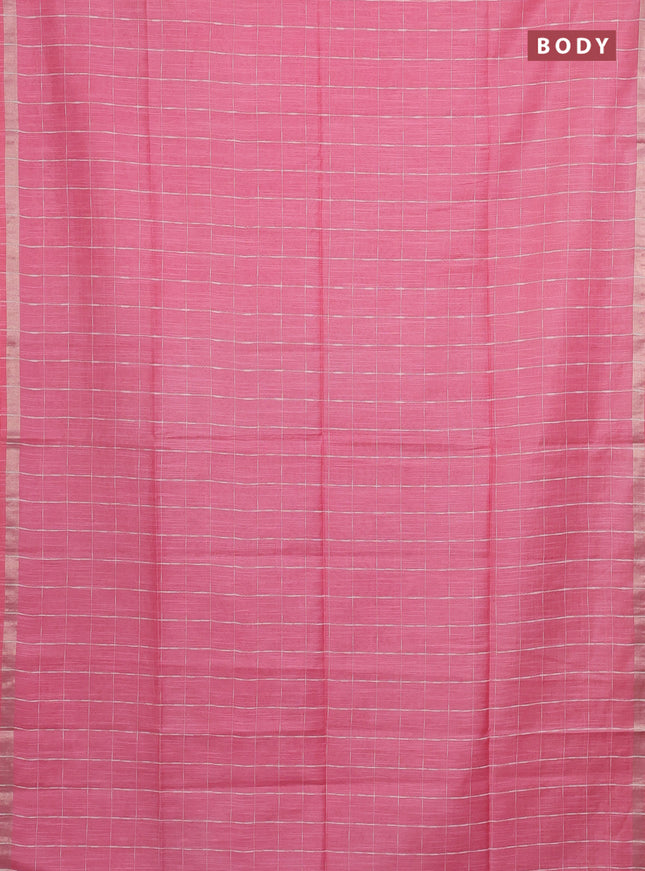 Semi bamboo saree candy pink and sandal with checked pattern and zari woven border
