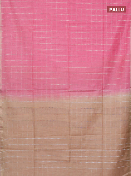 Semi bamboo saree candy pink and sandal with checked pattern and zari woven border