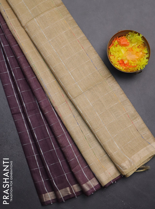 Semi bamboo saree deep jamun and sandal with checked pattern and zari woven border