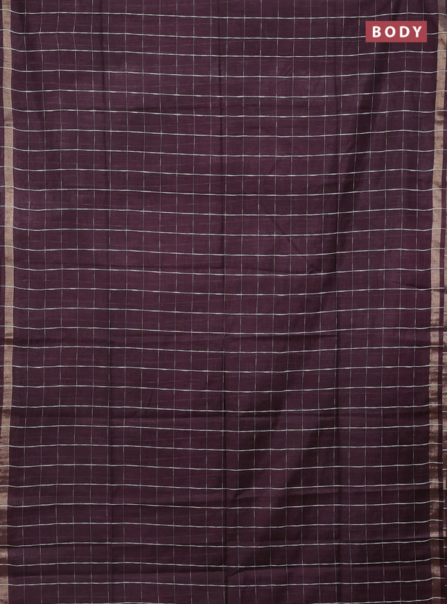 Semi bamboo saree deep jamun and sandal with checked pattern and zari woven border