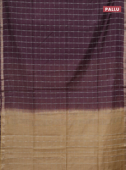 Semi bamboo saree deep jamun and sandal with checked pattern and zari woven border