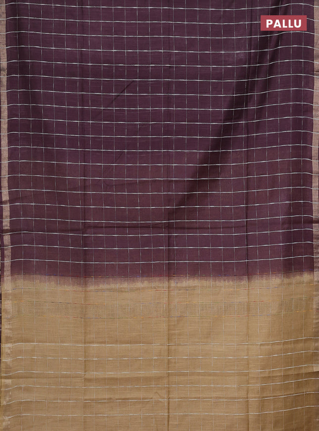 Semi bamboo saree deep jamun and sandal with checked pattern and zari woven border
