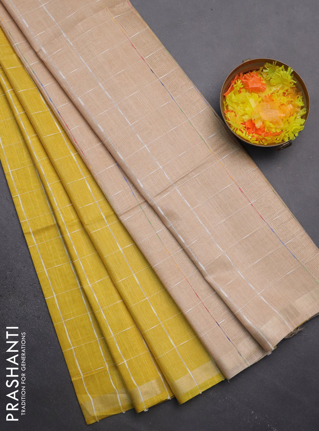 Semi bamboo saree yellow and sandal with checked pattern and zari woven border