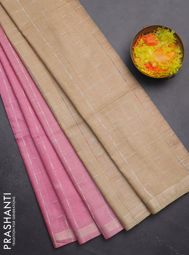 Semi bamboo saree peach pink and sandal with checked pattern and zari woven border