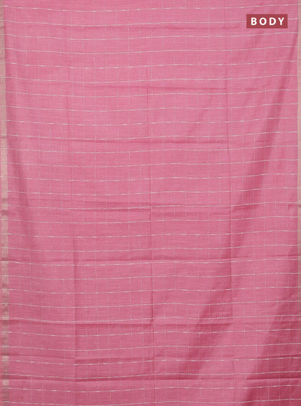 Semi bamboo saree peach pink and sandal with checked pattern and zari woven border