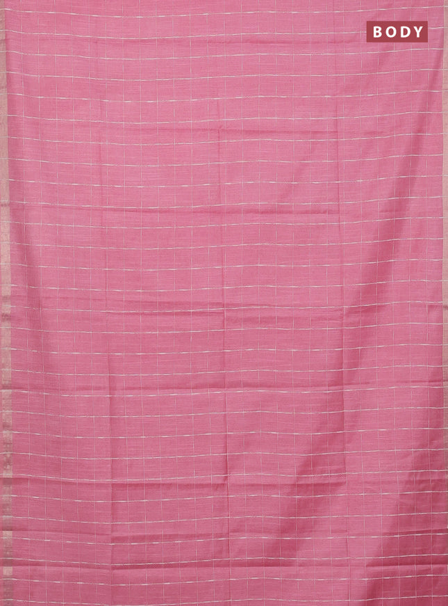 Semi bamboo saree peach pink and sandal with checked pattern and zari woven border