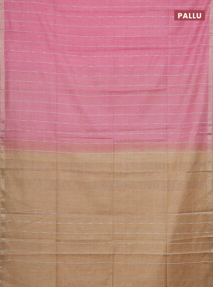 Semi bamboo saree peach pink and sandal with checked pattern and zari woven border