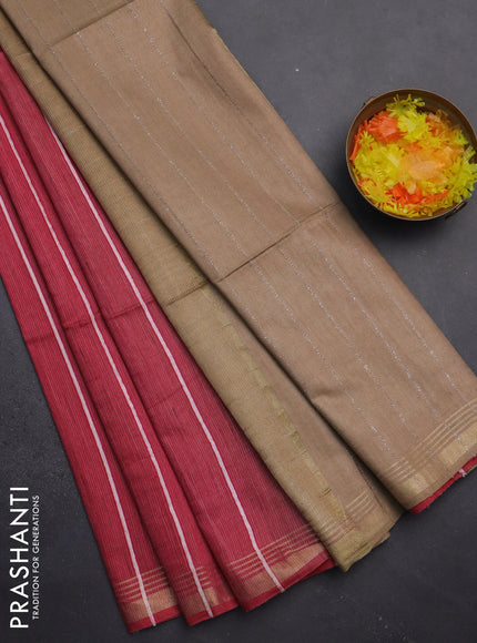 Semi bamboo saree pink with stripes pattern and zari woven border
