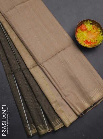 Semi bamboo saree military green with stripes pattern and zari woven border