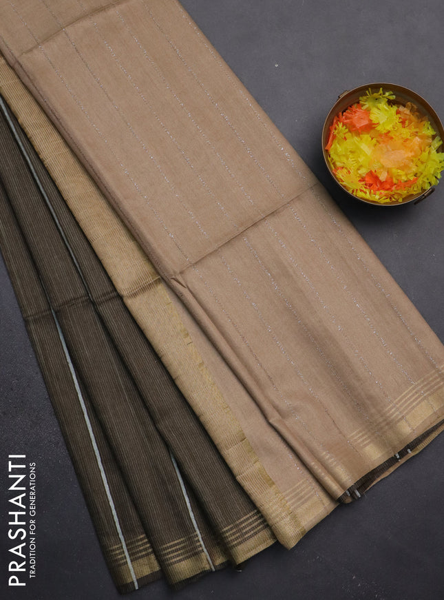 Semi bamboo saree military green with stripes pattern and zari woven border