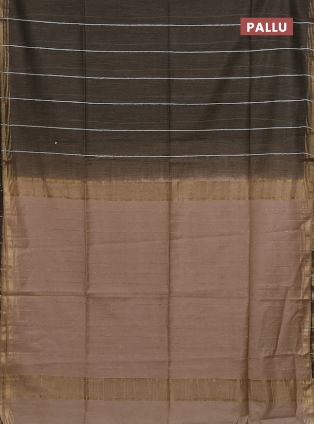 Semi bamboo saree military green with stripes pattern and zari woven border