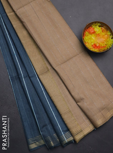 Semi bamboo saree peacock blue with stripes pattern and zari woven border