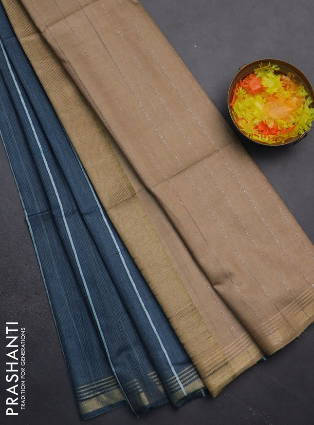 Semi bamboo saree peacock blue with stripes pattern and zari woven border