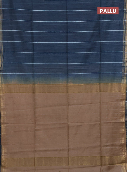 Semi bamboo saree peacock blue with stripes pattern and zari woven border