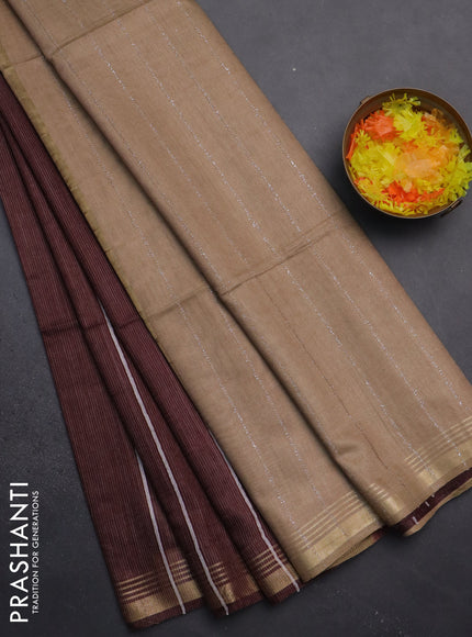 Semi bamboo saree deep maroon with stripes pattern and zari woven border