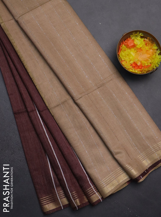 Semi bamboo saree deep maroon with stripes pattern and zari woven border