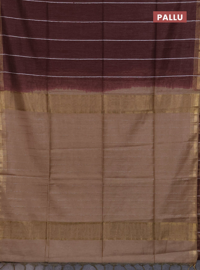 Semi bamboo saree deep maroon with stripes pattern and zari woven border